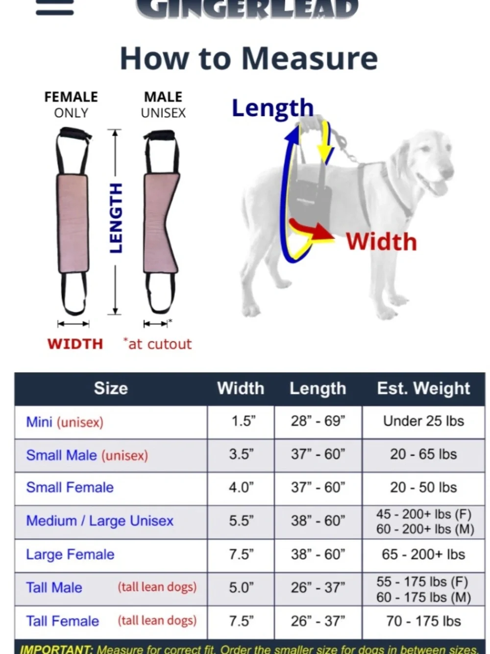 GingerLead Dog Sling Support Harness